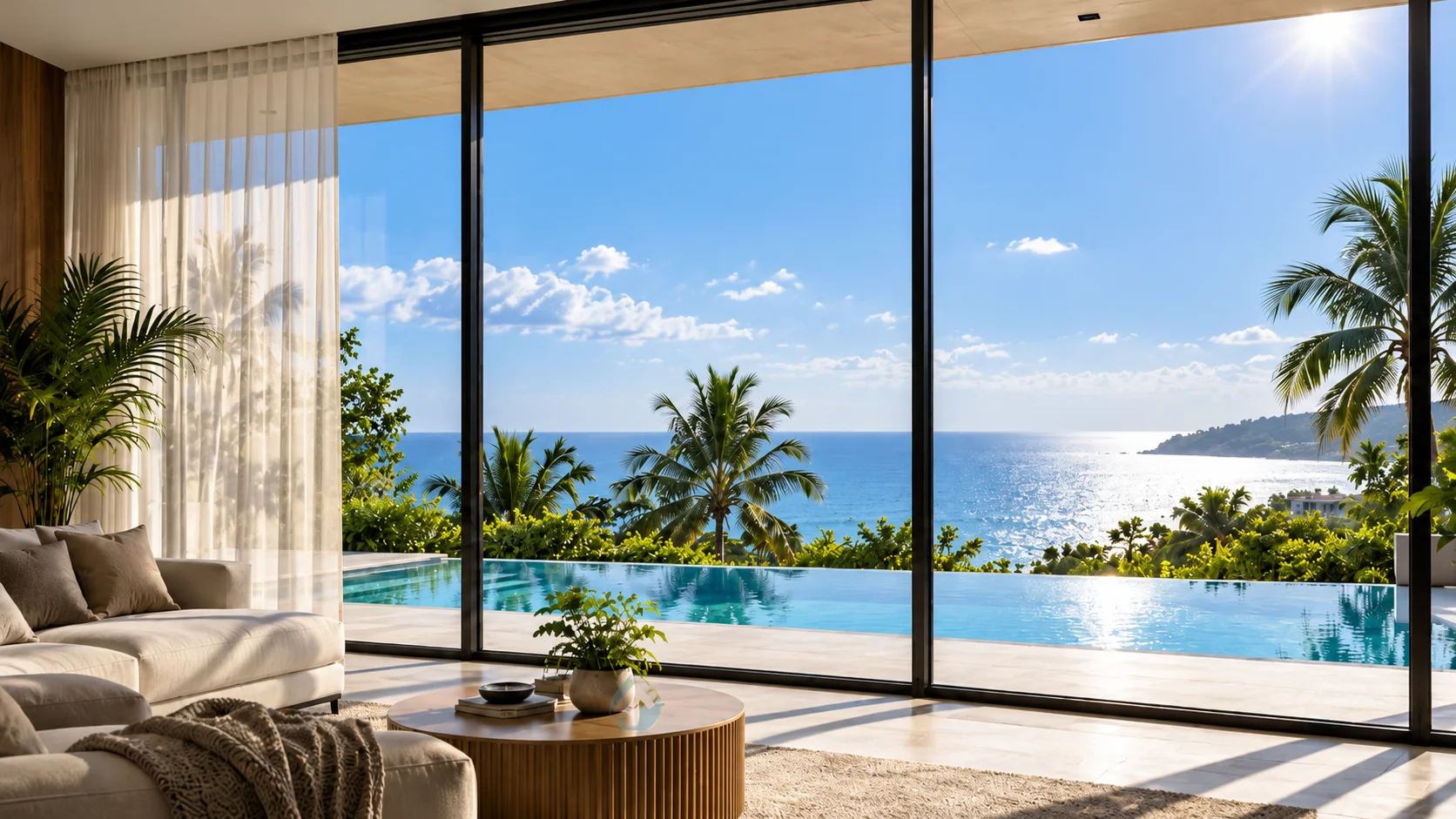 Floor-to-ceiling villa windows overlooking the sea